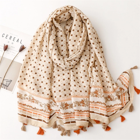 Damen Retro Polka Dot Floral Druck Schultertuch Schal Mit Quasten Lang Weich Satin Polyester Wrap Für Sonnenschutz Reise Urlaub
