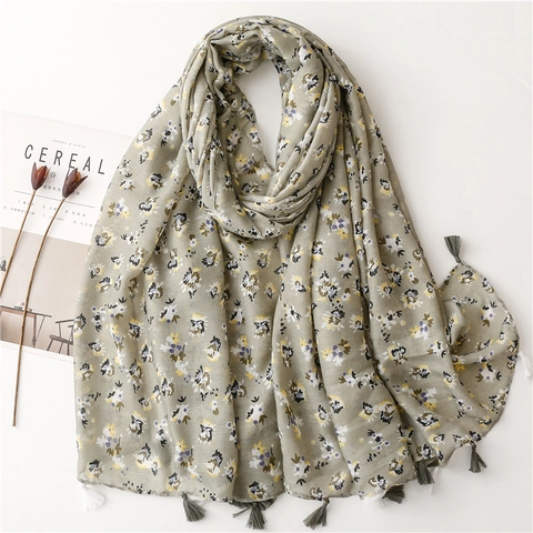 Dames Sjaal Omslagdoek Groen Kleine Bloemenprint Lichtgewicht Polyester Katoen Linnen Gevoel Lange Kwast Elegant