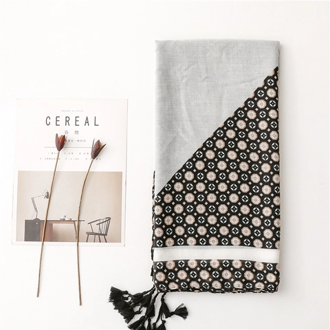Geometric Print Scarf For Women Polyester Lightweight Soft Shawl Wrap With Tassels Retro Sunscreen Accessory