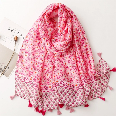 Sciarpa Con Stampa Floreale Leggera Sensazione Cotone Lino Scialle Con Nappe Bohemien Avvolge La Protezione Solare Per Le Donne