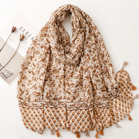 Sciarpa Con Stampa Floreale Leggera Sensazione Cotone Lino Scialle Con Nappe Bohemien Avvolge La Protezione Solare Per Le Donne