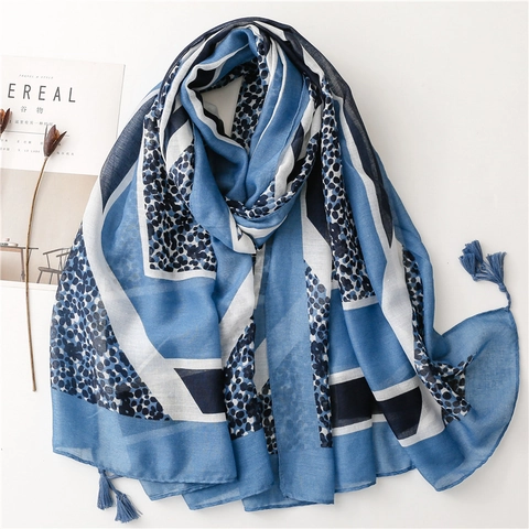 Sciarpa Di Moda Con Stampa Leopardata Geometrica Blu Scialle Lungo In Voile Leggero Con Nappe Per Donna