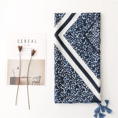 Sciarpa Di Moda Con Stampa Leopardata Geometrica Blu Scialle Lungo In Voile Leggero Con Nappe Per Donna