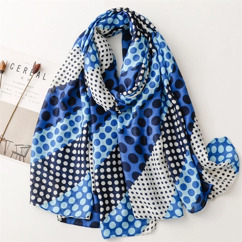 Women's Lightweight Polka Dot Patchwork Shawl Scarf Fashion Polyester Satin Feel Soft Oversized Beach Wrap Scarf With Frayed Edge
