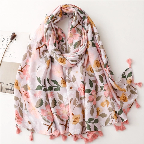 Écharpe Châle Imprimé Floral Bohème Polyester Léger Protection Solaire Été Plage Voyage Franges Glands Femmes