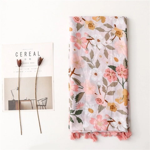 Écharpe Châle Imprimé Floral Bohème Polyester Léger Protection Solaire Été Plage Voyage Franges Glands Femmes