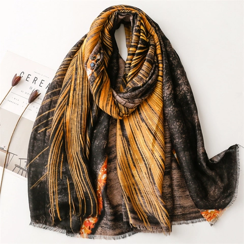 Retro Etnische Stijl Sjaal Voor Vrouwen Artistieke Abstracte Print Lange Sjaal Zacht Satijn Polyester Kwastje Zonbescherming