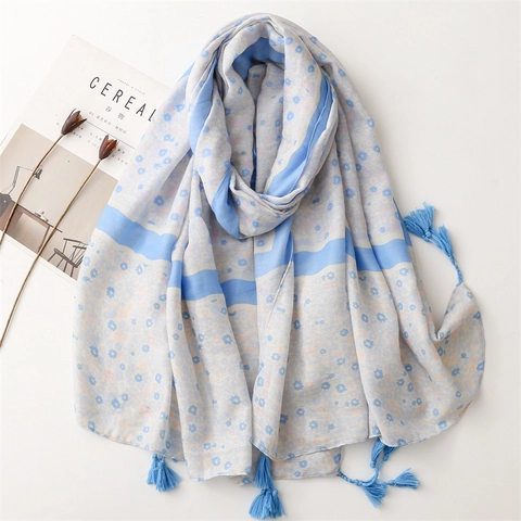 Long Floral Print Scarf With Tassels Soft Polyester Shawl Lightweight Sun Protection For Women French Elegant Style
