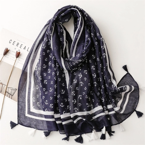 Sciarpa Con Stampa Ancora Nautica Lunga Blu Notte Voile Scialle Con Bordi A Nappe Per Donna Leggera Traspirante Protezione Solare