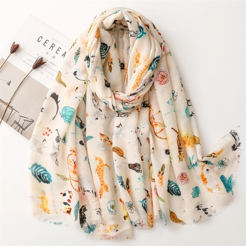 Cute Cat Print Scarf For Women Lightweight Polyester Cotton Blend Sun Protection Shawl With Frayed Edges Hand Painted Style