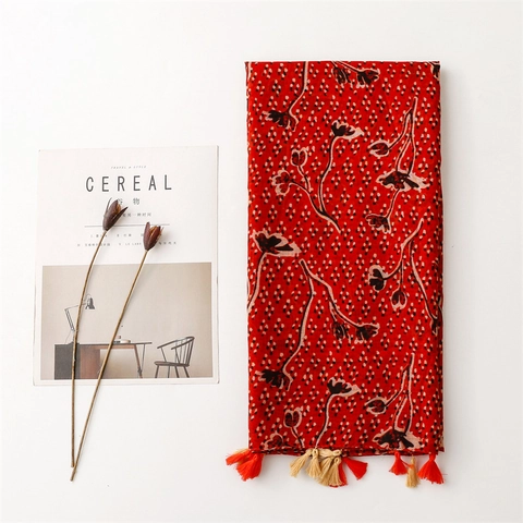 Écharpe Ethnique Pour Femmes Imprimé Fleuri Pois Voile De Polyester Châle À Glands Léger Boho Wrap Solaire Plage Voyage