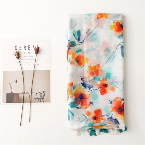 Écharpe Châle Imprimé Floral Peinture À L'huile Polyester Voile Léger Pompon Grand Protection Solaire Plage Femmes