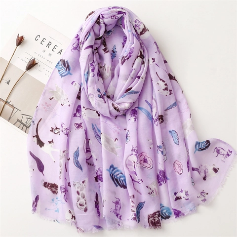 Cute Cat Print Scarf For Women Lightweight Polyester Cotton Blend Sun Protection Shawl With Frayed Edges Hand Painted Style