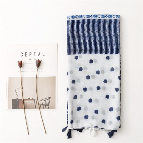 Blue White Printed Long Scarf Women Polyester Cotton Feel Sunshade Beach Shawl With Tassels Striped Floral Polka Dot Wrap