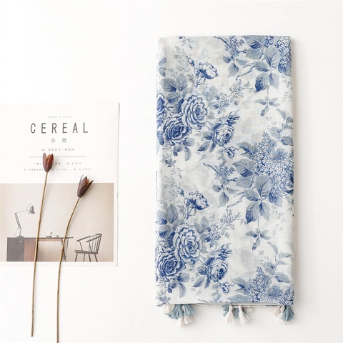 Écharpe Châle Imprimé Fleuri Polyester Voile Sensation Coton Lin Glands Long Style Chinois Rétro Femmes