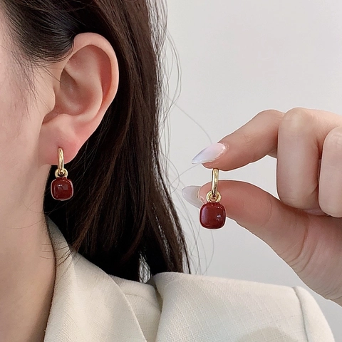 Hoop Drop Earrings Dark Red Square Enamel Copper With 925 Sterling Silver Earring Post Retro Geometric For Women