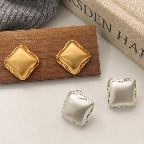 Geometric Square Stud Earrings Copper Plated Real Gold Brushed Matte Finish Textured Edge Minimalist Jewelry For Women