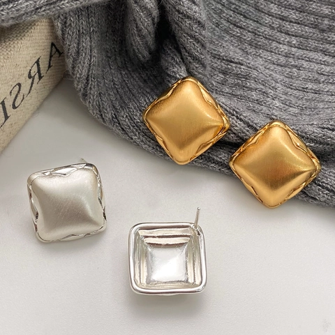 Geometric Square Stud Earrings Copper Plated Real Gold Brushed Matte Finish Textured Edge Minimalist Jewelry For Women
