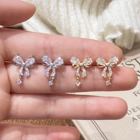 Pendientes De Perlas Artificiales Con Lazo Y Poste De Plata De Ley 925 Circonita Elegantes Para Mujer