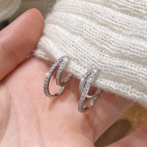 Boucles D'Oreilles Créoles Doubles Croisées Cuivre Zircon Micro Pavé Avec Tige En Argent Sterling 925 Bijoux Femmes