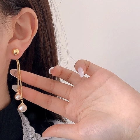 Long Tassel Artificial Pearl Earrings With 925 Sterling Silver Earring Post Elegant Snake Chain Dangle For Women Wedding Party