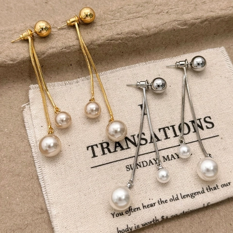Long Tassel Artificial Pearl Earrings With 925 Sterling Silver Earring Post Elegant Snake Chain Dangle For Women Wedding Party