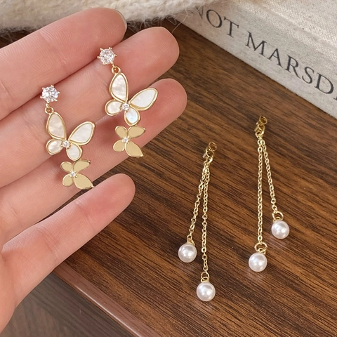 Butterfly Artificial Pearl Tassel Dangle Earrings With Silver Earring Post Shell Zircon Gold Plated Elegant Jewelry For Women