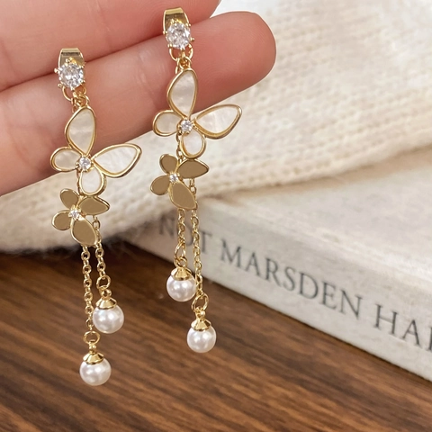 Butterfly Artificial Pearl Tassel Dangle Earrings With Silver Earring Post Shell Zircon Gold Plated Elegant Jewelry For Women