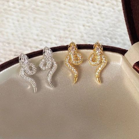 Snake Shape Stud Earrings Copper With Cubic Zirconia Chinese Style Animal Design Fashion Jewelry For Women