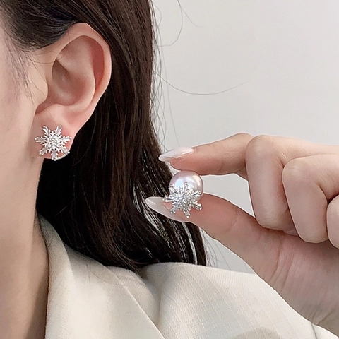 Snowflake Artificial Pearl Stud Earrings Copper Zircon Inlaid Versatile Design Elegant Winter Fashion Accessory For Women