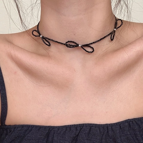 Κολιέ Choker Με Μαύρες Κρυστάλλινες Χάντρες Χάλκινο Φιόγκο Κομψό Λεπτό Κόσμημα Για Γυναίκες