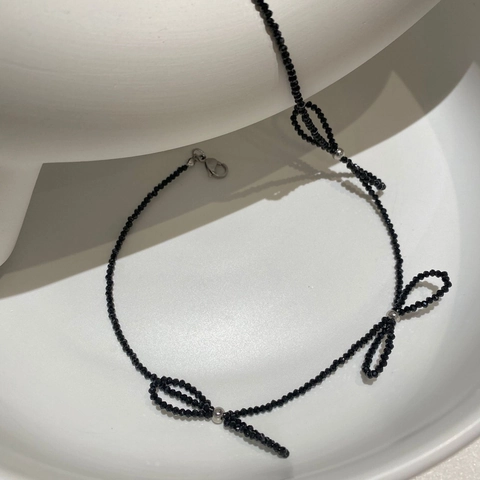 Κολιέ Choker Με Μαύρες Κρυστάλλινες Χάντρες Χάλκινο Φιόγκο Κομψό Λεπτό Κόσμημα Για Γυναίκες