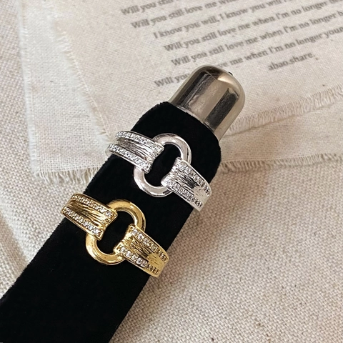 Anello Aperto In Zircone A Doppio Strato Cavo Spazzolato Vintage Rame Regolabile Placcato Oro Gioielli Di Nicchia Per Donne