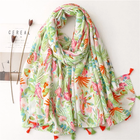 Tropical Floral Bird Print Scarf Shawl Lightweight Polyester Herringbone Texture With Tassels For Summer Beach Vacation