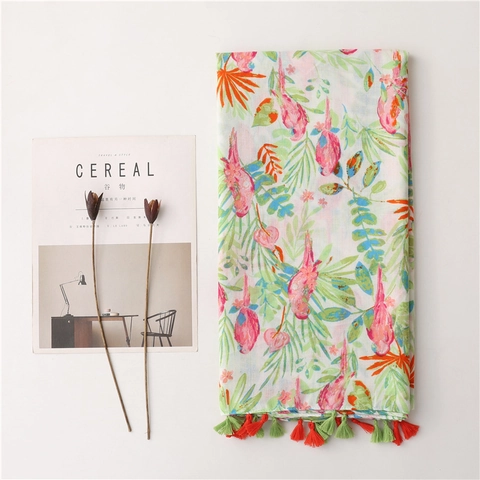 Tropical Floral Bird Print Scarf Shawl Lightweight Polyester Herringbone Texture With Tassels For Summer Beach Vacation