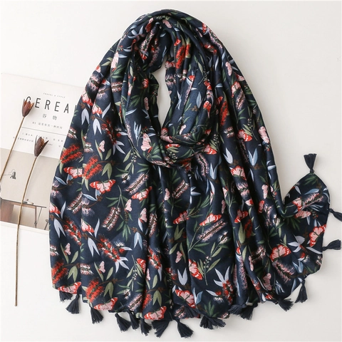 Floral Butterfly Print Scarf Shawl Soft Polyester Tassel Fringe Retro Ethnic Style Women Sun Protection