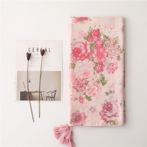 Sciarpa Da Donna Con Stampa Floreale Elegante Scialle Lungo Con Nappe Motivo A Rose Vintage Avvolgimento Sottile