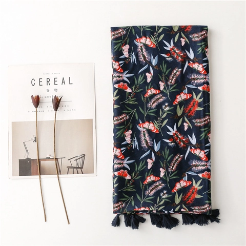 Floral Butterfly Print Scarf Shawl Soft Polyester Tassel Fringe Retro Ethnic Style Women Sun Protection