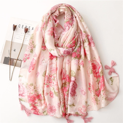 Sciarpa Da Donna Con Stampa Floreale Elegante Scialle Lungo Con Nappe Motivo A Rose Vintage Avvolgimento Sottile