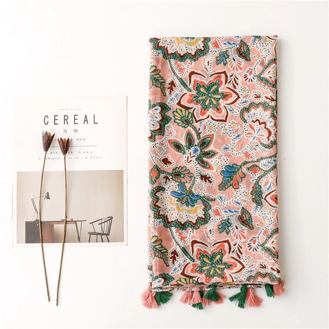 Écharpe Châle Imprimé Floral Ethnique Bohème Polyester Voile Mince Protection Solaire Glands Voyage Plage Femmes
