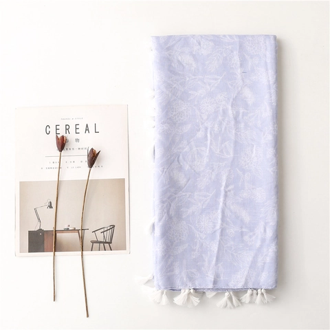 Women Long Floral Print Scarf Light Purple Soft Polyester Tassel Beach Sunshade Shawl Wrap Ethnic Style Fashion