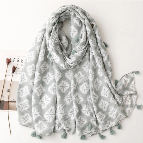 Bohemian Geometric Floral Print Scarf Large Shawl Sun Protection Tassel Summer Beach Vacation Wrap Women