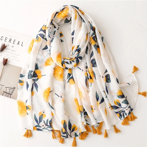 Orange Fruit Print Scarf With Tassels Polyester Cotton Blend Lightweight Sun Protection Shawl For Women Sweet Beach Travel