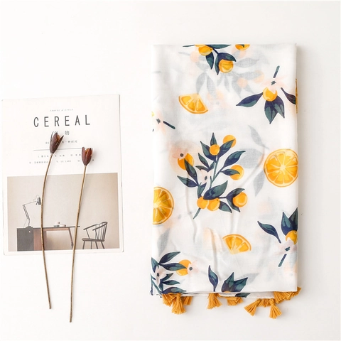Orange Fruit Print Scarf With Tassels Polyester Cotton Blend Lightweight Sun Protection Shawl For Women Sweet Beach Travel