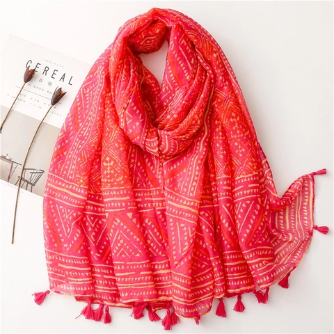 Bohemian Ethnic Geometric Print Scarf Shawl Red Polyester Tassels Lightweight Sun Protection Beach Travel Wrap For Women