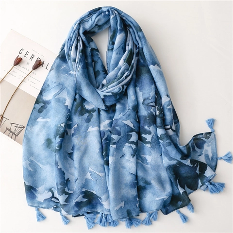 Artistic Women Ink Wash Scarf Tassel Fringe Sun Protection Summer Beach Holiday Travel Shawl Polyester