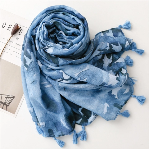 Artistic Women Ink Wash Scarf Tassel Fringe Sun Protection Summer Beach Holiday Travel Shawl Polyester