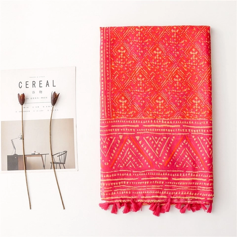 Bohemian Ethnic Geometric Print Scarf Shawl Red Polyester Tassels Lightweight Sun Protection Beach Travel Wrap For Women