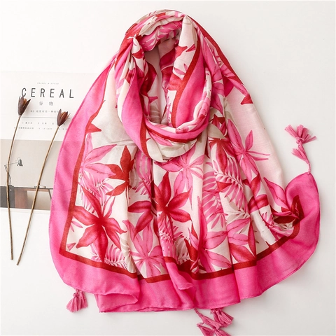 Floral Print Tassel Scarf For Women Lightweight Large Shawl Wrap For Beach Sun Protection Resort Style Polyester