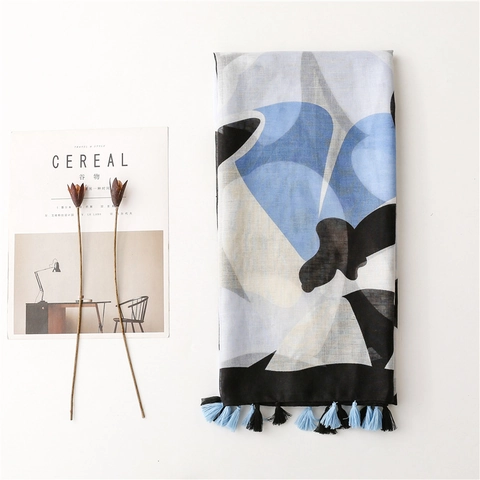 Dames Sjaal Abstract Geometrisch Patroon Licht Ademend Polyester Bali Garen Omslagdoek Met Kwastjes Zonbescherming